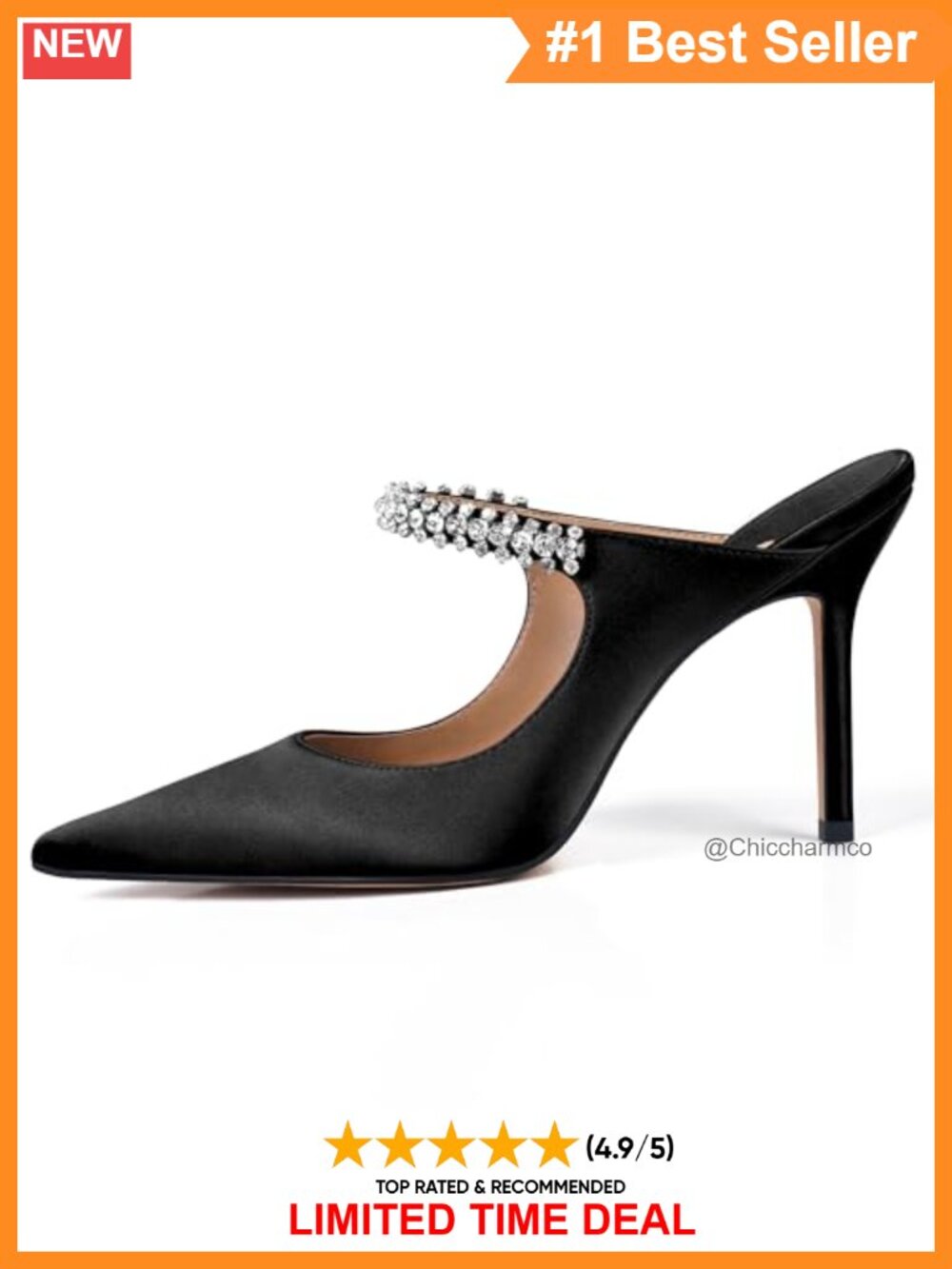 Rhinestone Satin Heeled Mules Pointed Toe Slip On 4 Inch Stiletto Dress Pump